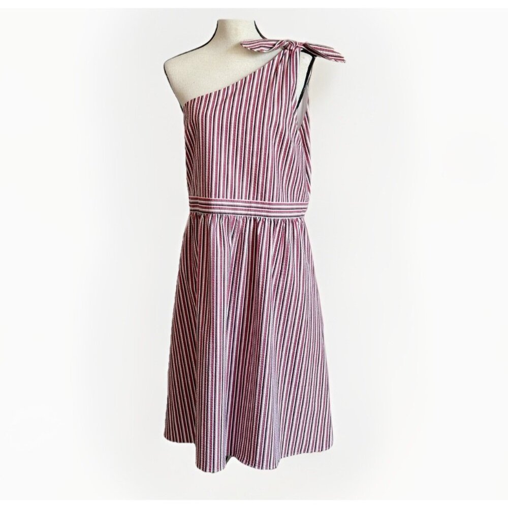 Loft One Shoulder Fit & Flare Seersucker Dress Size 14 Red White Black Gray